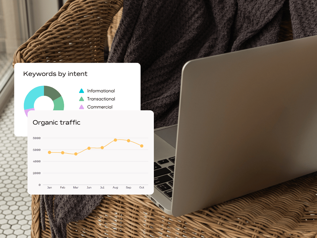 Dawn Osolinski – SEO in Manchester – 10 ways you can measure SEO performance in Semrush – how to measure seo semrush Sample SEO report widgets in Semrush behind a laptop