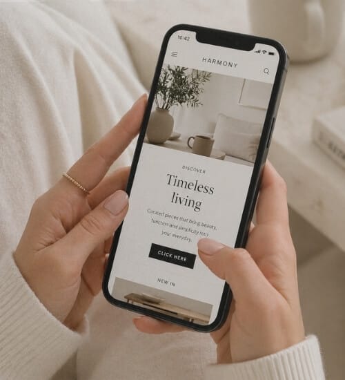 Female holding a phone and browsing an ecommerce website